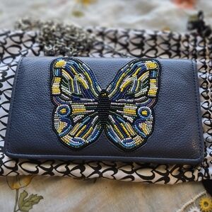Brighton Beaded Butterfly Blue Leather Clutch Detachable Chain Strap